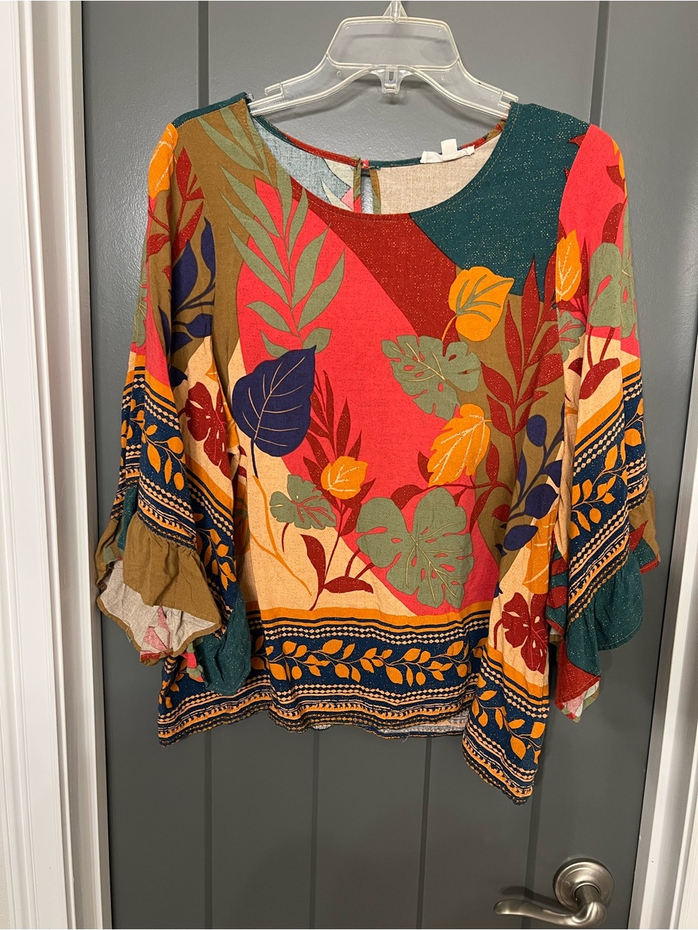 easel Multicolor Floral Boho Blouse — Red, Teal, Mustard size small. Indie.